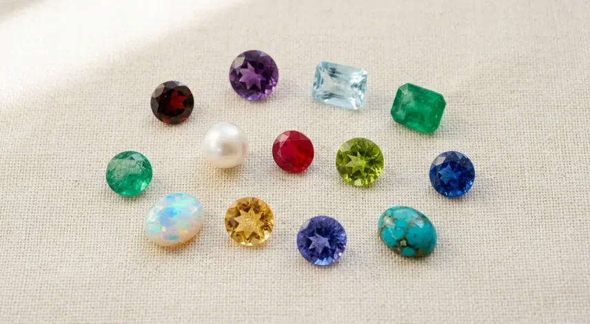 assorted-birthstones-by-month-collection Assorted colorful birthstones for different months arranged on a neutral linen background