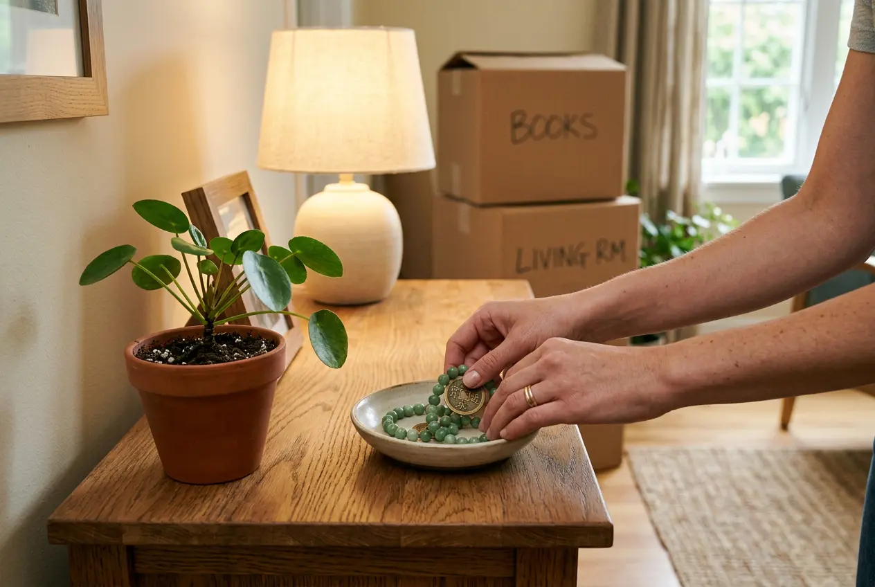 Settling into a new home on an auspicious move-in date, with a green jade bracelet, a lit lamp, and a tidy wealth corner.