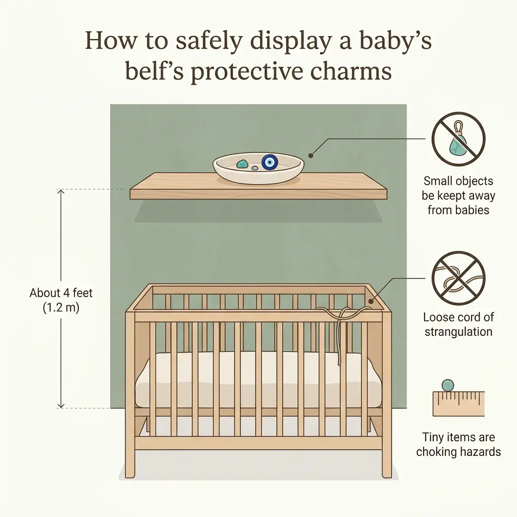 Nursery safety guide showing protective charms kept on a high shelf, out of a baby's reach, with cord and choking-hazard reminders.