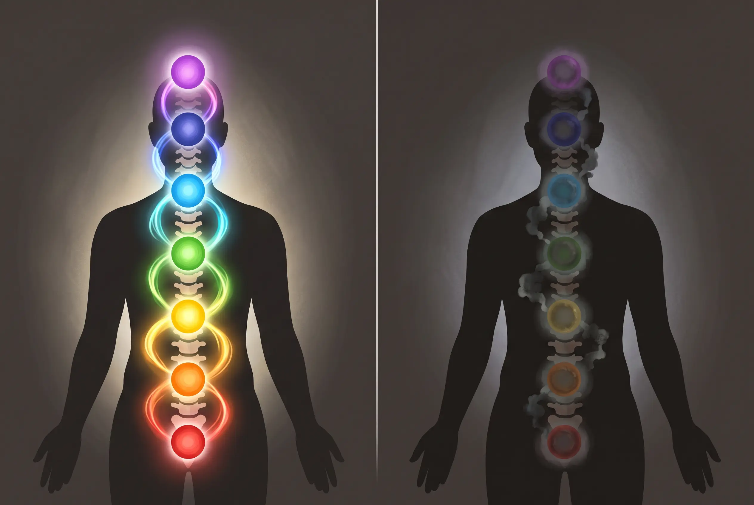Side-by-side illustration comparing bright, freely flowing chakra energy with dim, blocked chakra energy along the spine