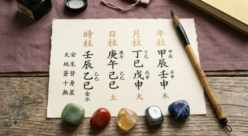 bazi-four-pillars-of-destiny-birth-chart A BaZi Four Pillars of Destiny birth chart card with five-element stones, a beginner's Chinese birth chart