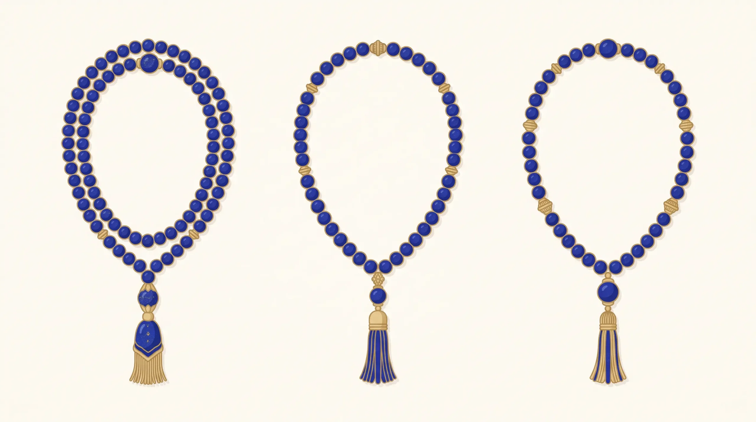 Infographic comparing the bead counts of a mala (108), rosary (59), and tasbih (99) and their prayer logic.