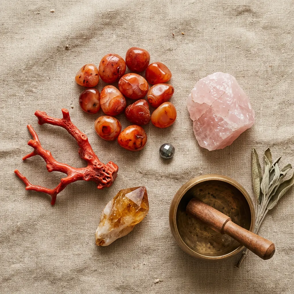 Flat-lay of Aries crystals including Carnelian, red coral, rose quartz, citrine and a hematite bead on natural linen