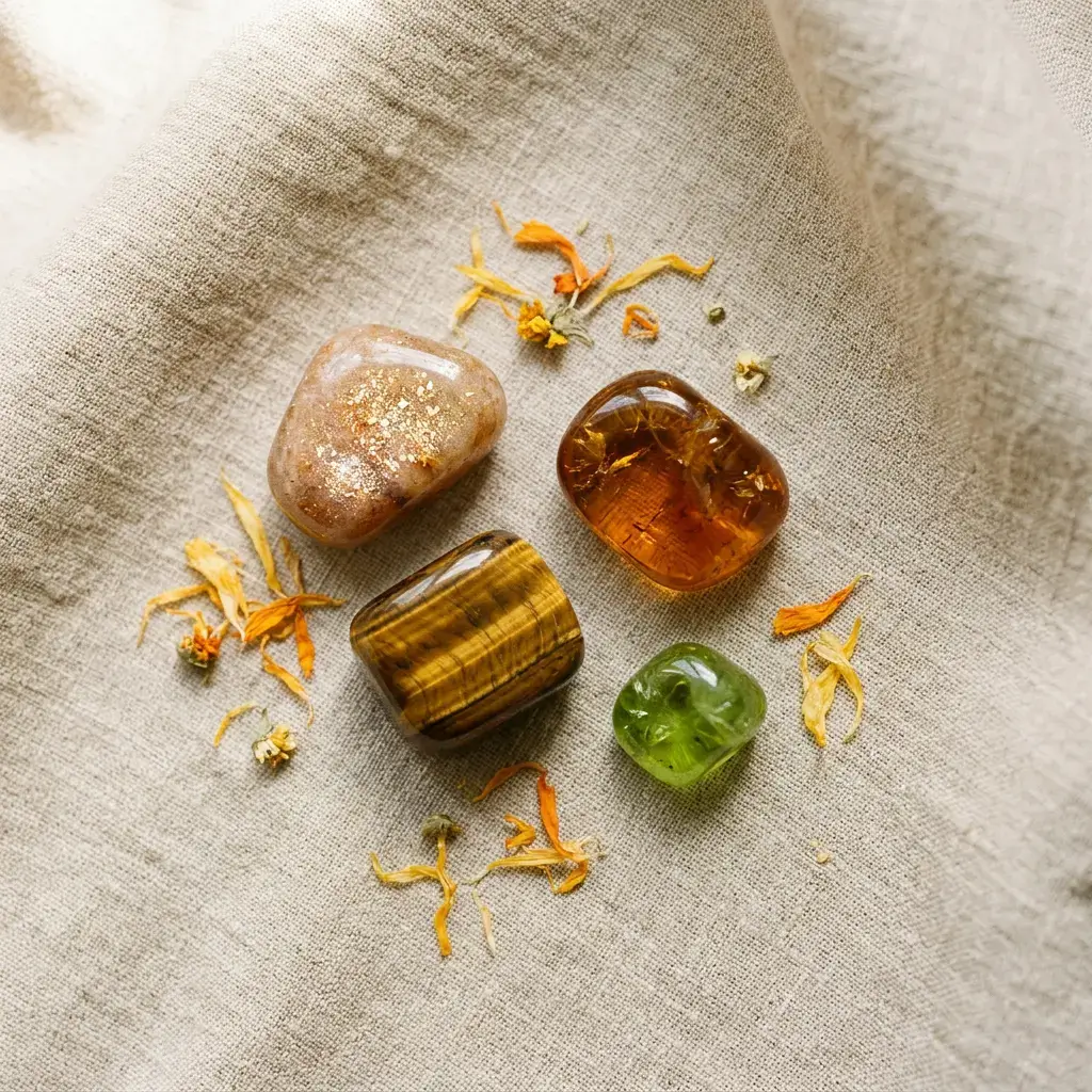 Sunstone, Tiger's Eye, Citrine, and Peridot crystals arranged on warm linen, the best crystals for Leo season 2026