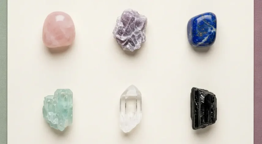 best-crystals-for-libra-season-labeled Six Libra season balance and harmony crystals arranged in a circle on warm ivory linen