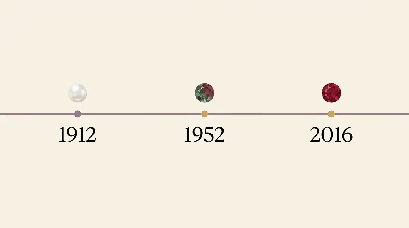 Timeline showing modern birthstone list standardization in 1912, 1952, and 2016