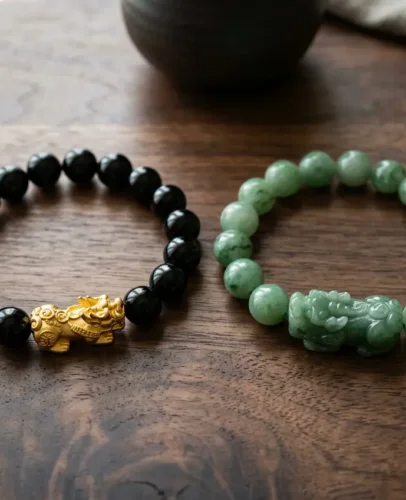 Black obsidian Pixiu bracelet and green jade Pixiu bracelet placed side by side for comparison