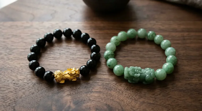 Black obsidian Pixiu bracelet and green jade Pixiu bracelet placed side by side for comparison
