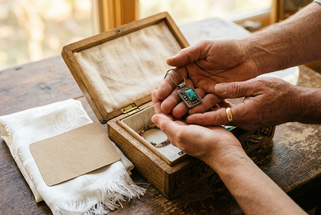 Hands holding a Tibetan turquoise pendant over a wooden keepsake box with a handwritten intention card, a baby blessing gift.