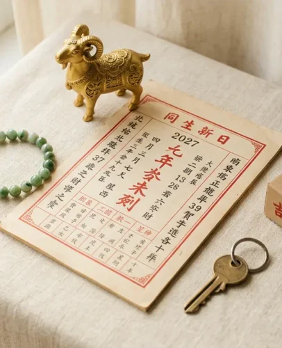 Les dates propices chinoises de 2027 pour les grands projets, présentées sous forme d'almanach de l'Année de la Chèvre de Feu avec des motifs porte-bonheur rouges et or.