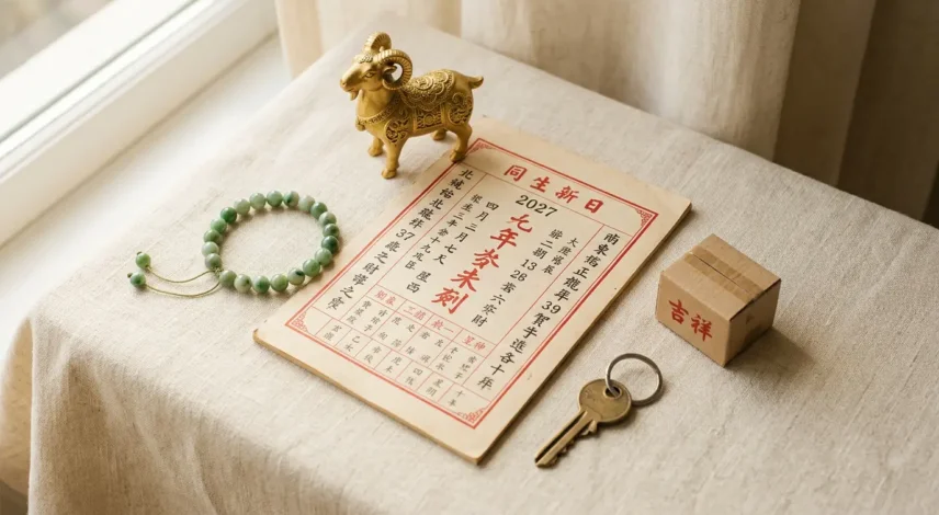 chinese-auspicious-dates-2027-big-moves Chinese auspicious dates 2027 for big moves, shown as a Year of the Fire Goat almanac with red and gold lucky motifs.