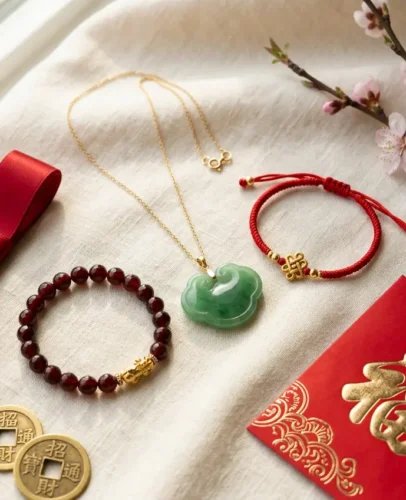 Lucky Chinese New Year jewelry gifts for 2027 arranged with red and gold decorations for the Year of the Goat