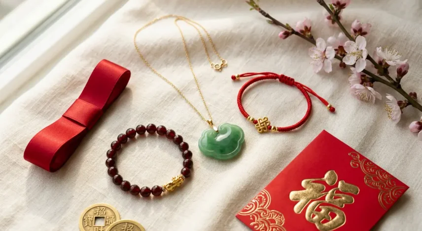 chinese-new-year-2027-lucky-jewelry-hero Lucky Chinese New Year jewelry gifts for 2027 arranged with red and gold decorations for the Year of the Goat