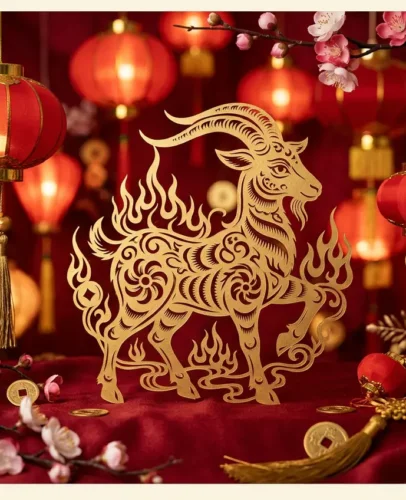 Célébration du Nouvel An chinois 2027, année de la Chèvre de Feu, avec des lanternes rouges et des découpages de chèvres en papier doré.
