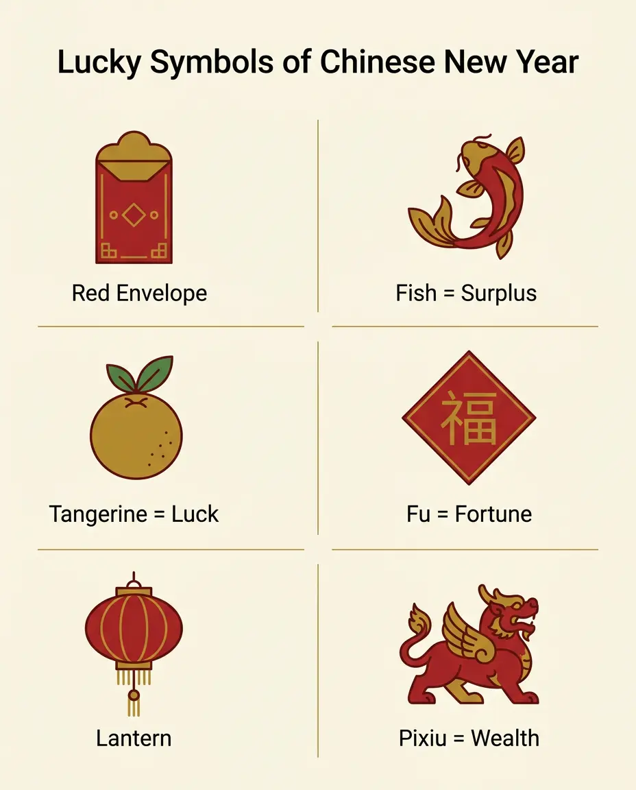 Infographic of lucky symbols of Chinese New Year including red envelope, fish, tangerine, Fu character, and Pixiu