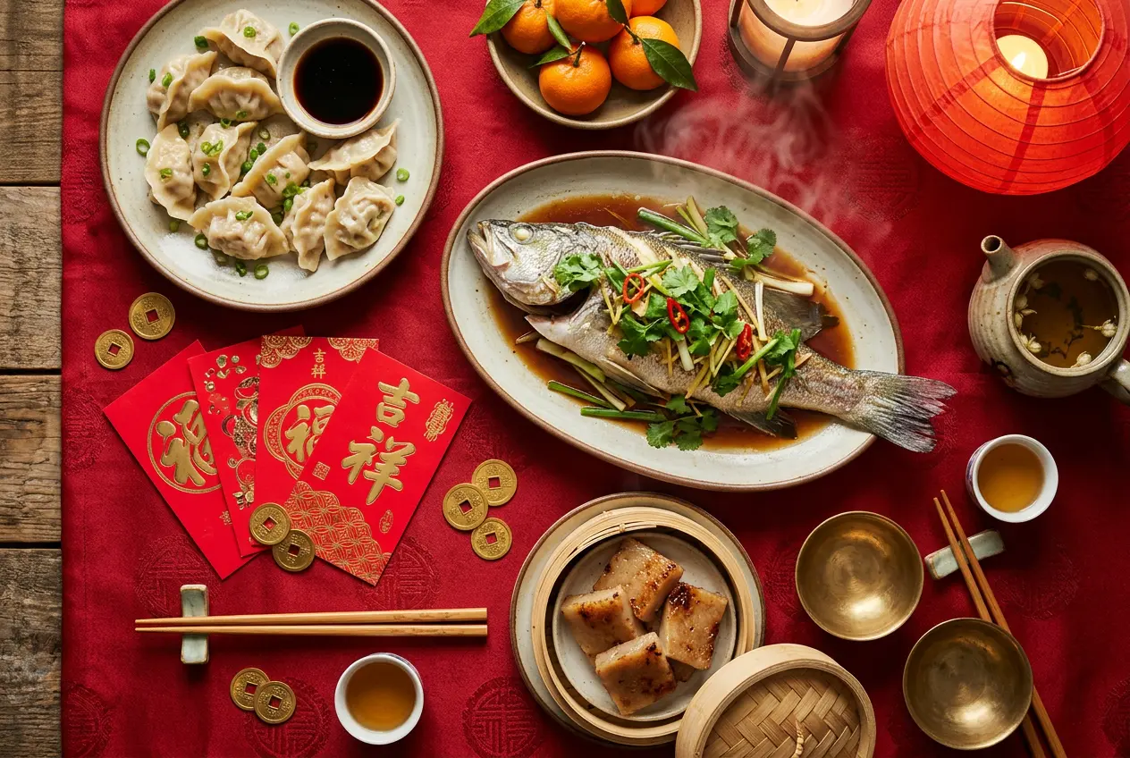 Chinese New Year reunion dinner with steamed fish, dumplings, tangerines, and red envelopes on a red table