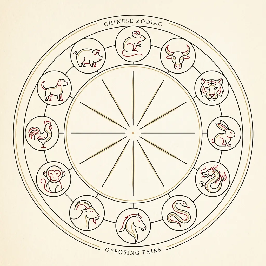 Chinese zodiac clash chart of six opposing animal pairs, used to avoid clashing days when choosing an auspicious date.