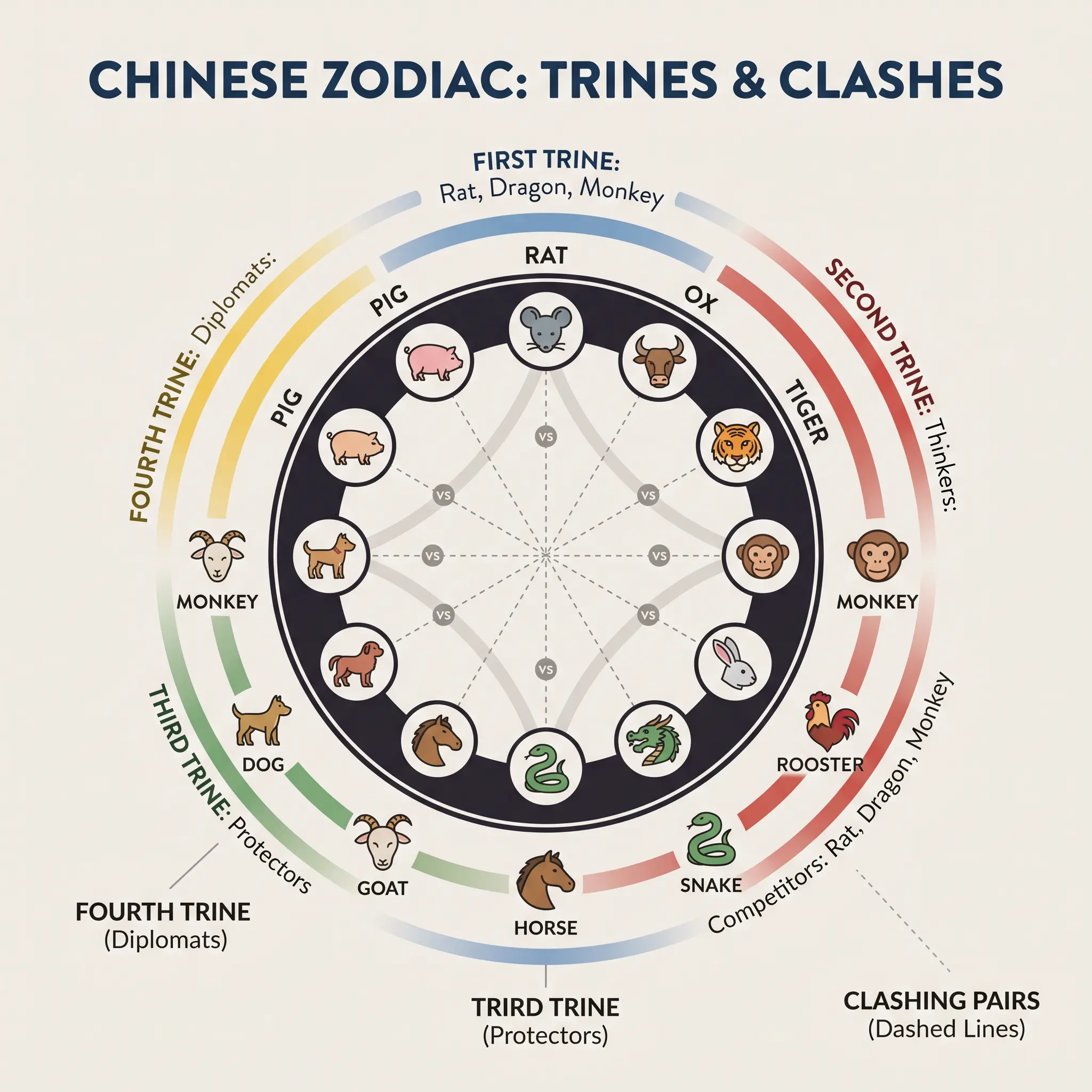 Diagram illustrating the four Chinese zodiac compatibility trines and the six classic clashing pairs arranged around a central zodiac circle