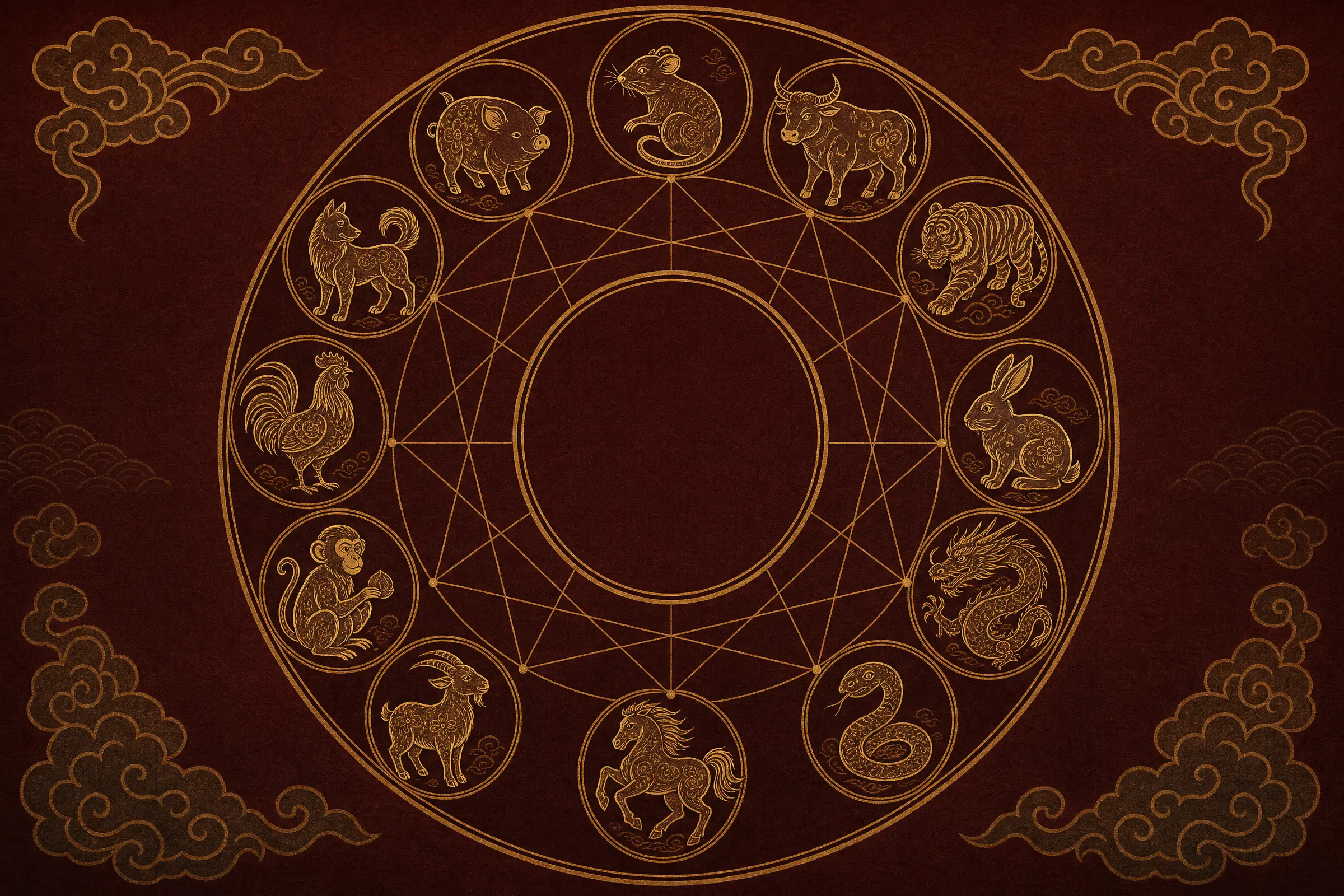 Illustration des douze animaux du zodiaque chinois disposés en cercle, illustrant le cycle de compatibilité de la Branche Terrestre.