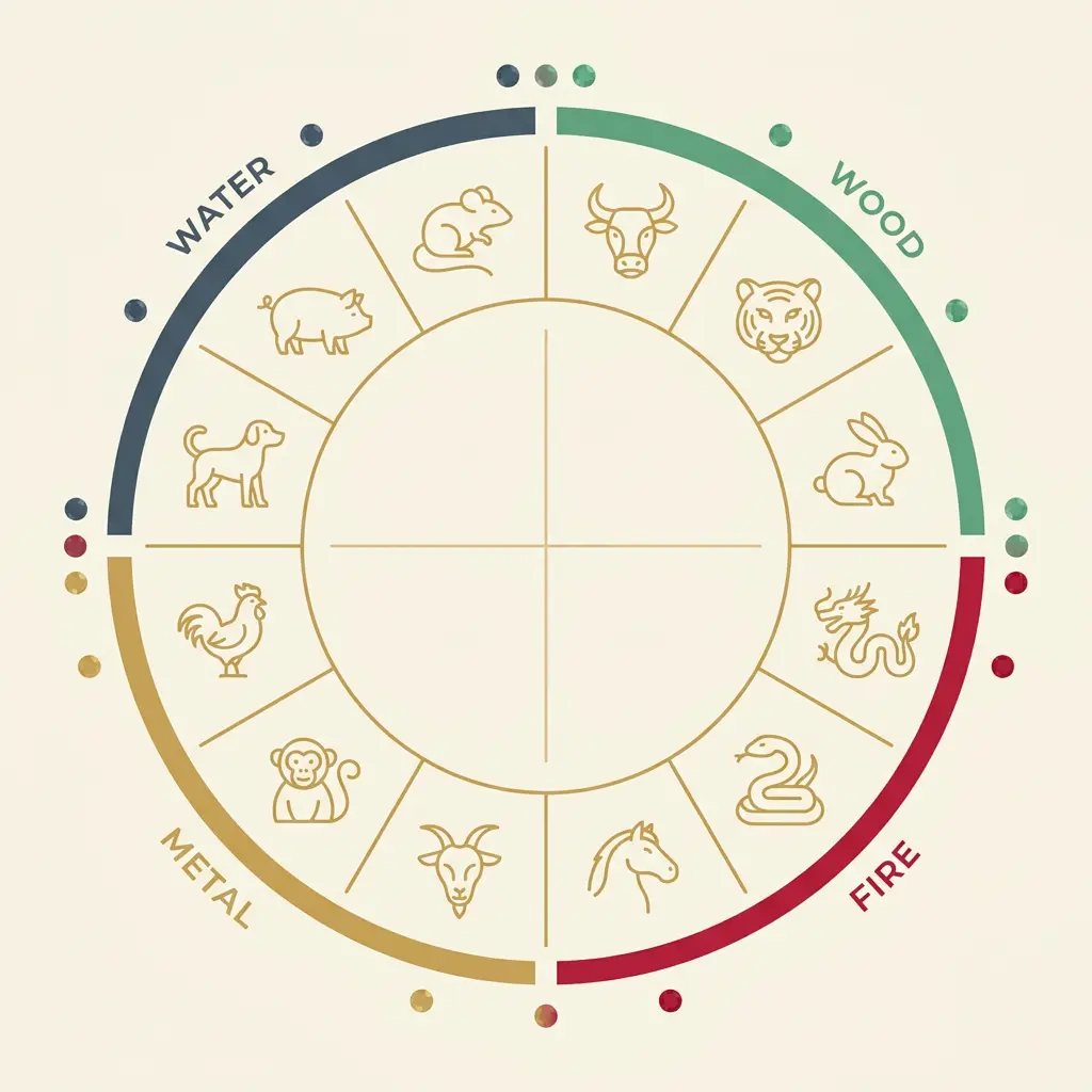 Five Element San He wheel grouping the 12 Chinese zodiac animals into Water, Wood, Fire and Metal with their stones