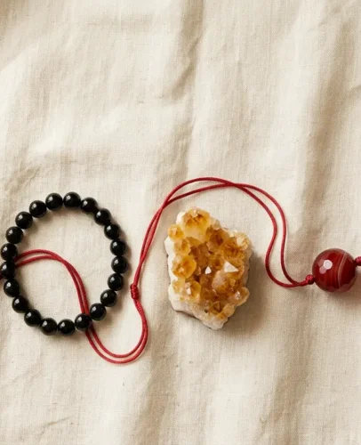 Pierres porte-bonheur du zodiaque chinois : jade, obsidienne noire, citrine et agate rouge, sur un fil de lin crème avec un cordon rouge.