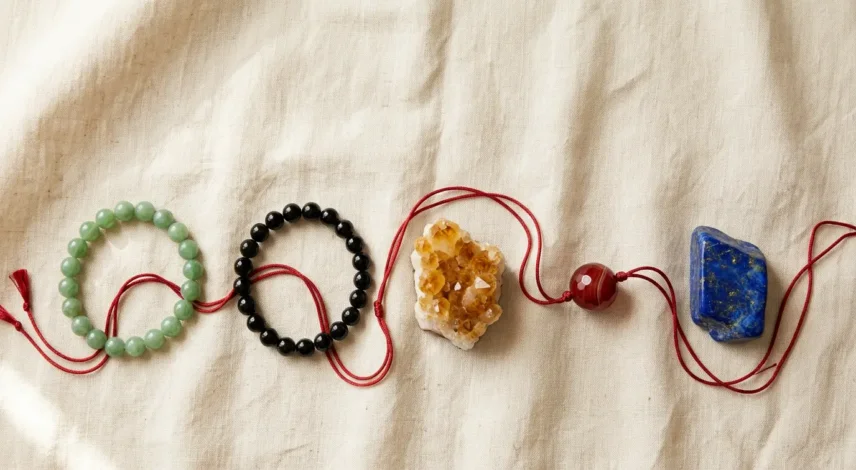 Chinese zodiac lucky stones jade, black obsidian, citrine and red agate on cream linen with a red string cord