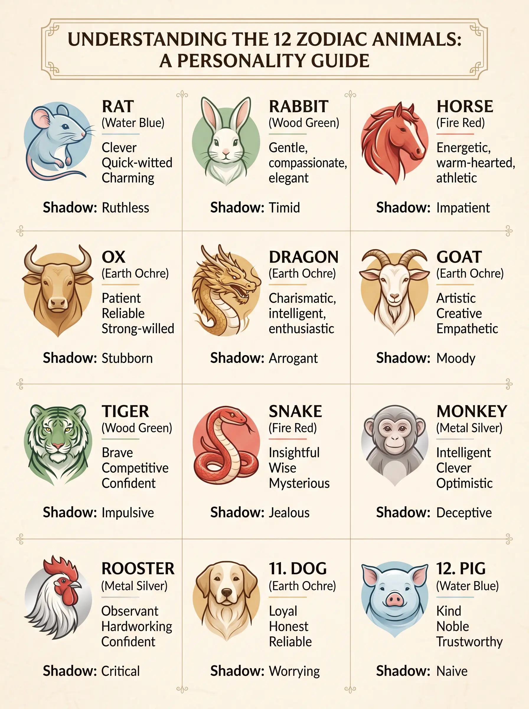 Quick-reference chart of the 12 Chinese zodiac animals with key personality strengths and shadow traits listed beside each animal illustration