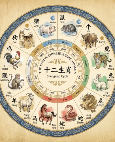 chinese-zodiac-wheel-12-animals Circular Chinese zodiac wheel displaying the 12 animal signs in sequential order from Rat to Pig, with traditional decorative elements