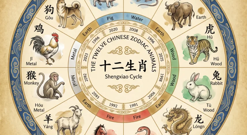 chinese-zodiac-wheel-12-animals Circular Chinese zodiac wheel displaying the 12 animal signs in sequential order from Rat to Pig, with traditional decorative elements