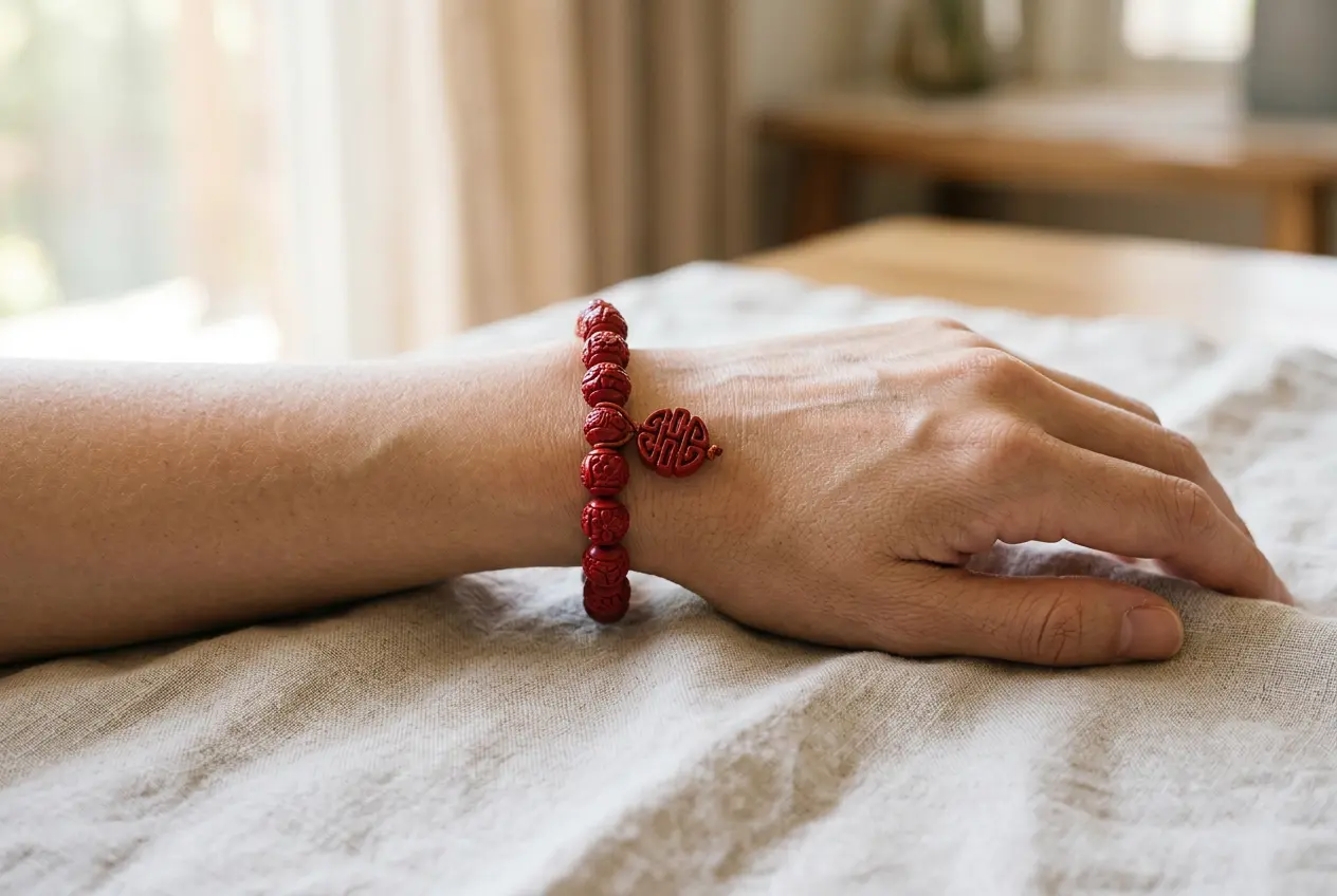 Red cinnabar bead bracelet worn on the left wrist to attract wealth in feng shui