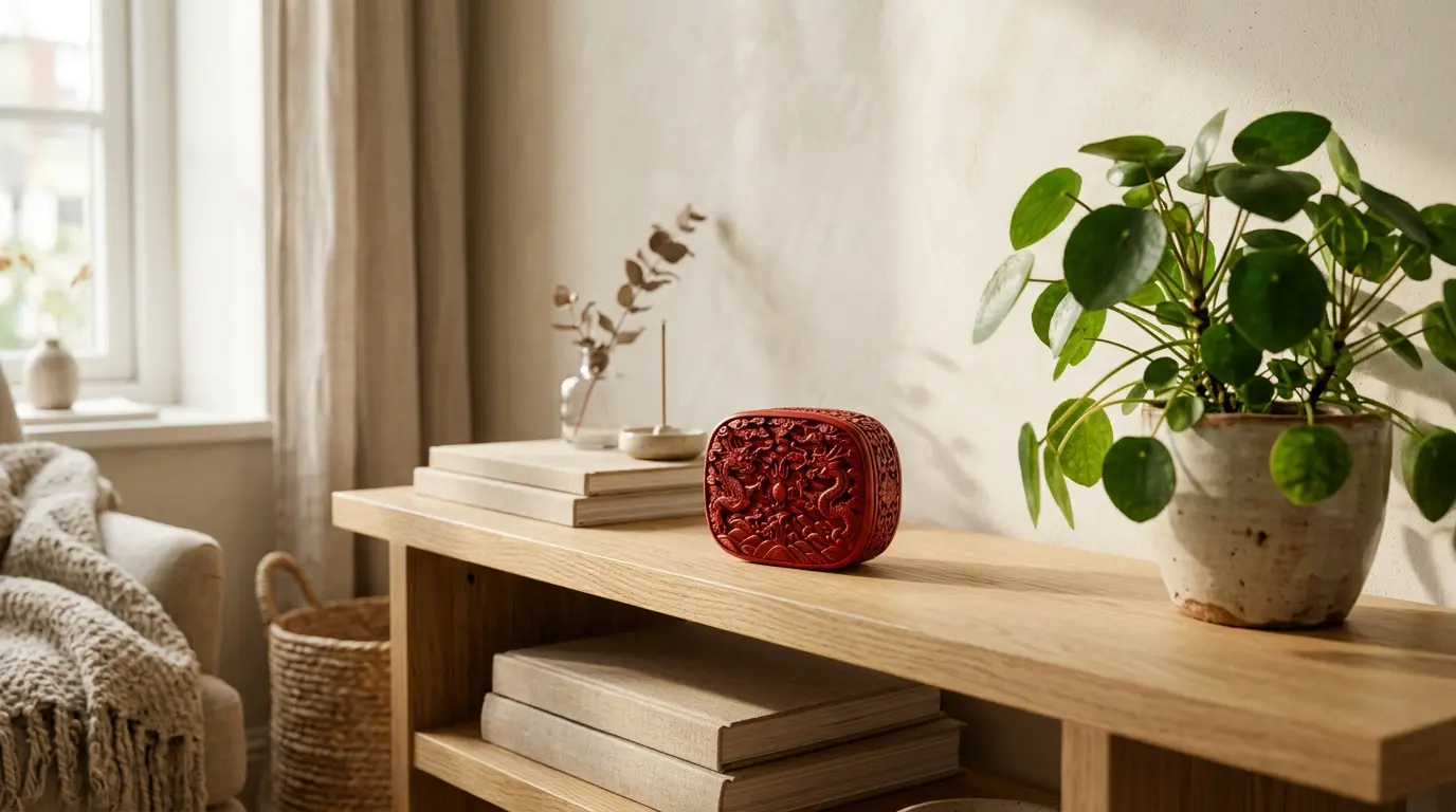 Sealed cinnabar carving displayed on a wooden shelf in the southeast wealth corner of a home