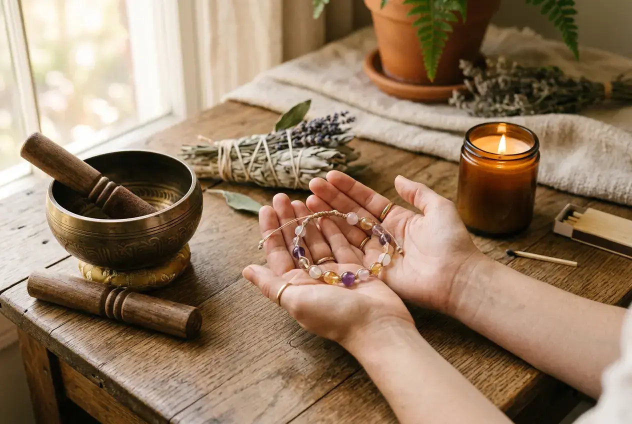 Hands holding a crystal bracelet beside a Tibetan singing bowl, sage, and a candle to cleanse crystals for 2027.