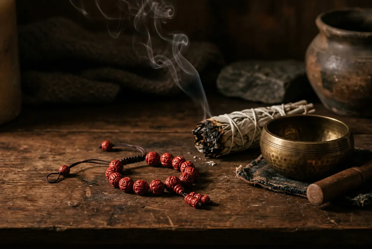 Cleansing a red cinnabar bracelet with sage smoke, a safe water-free method