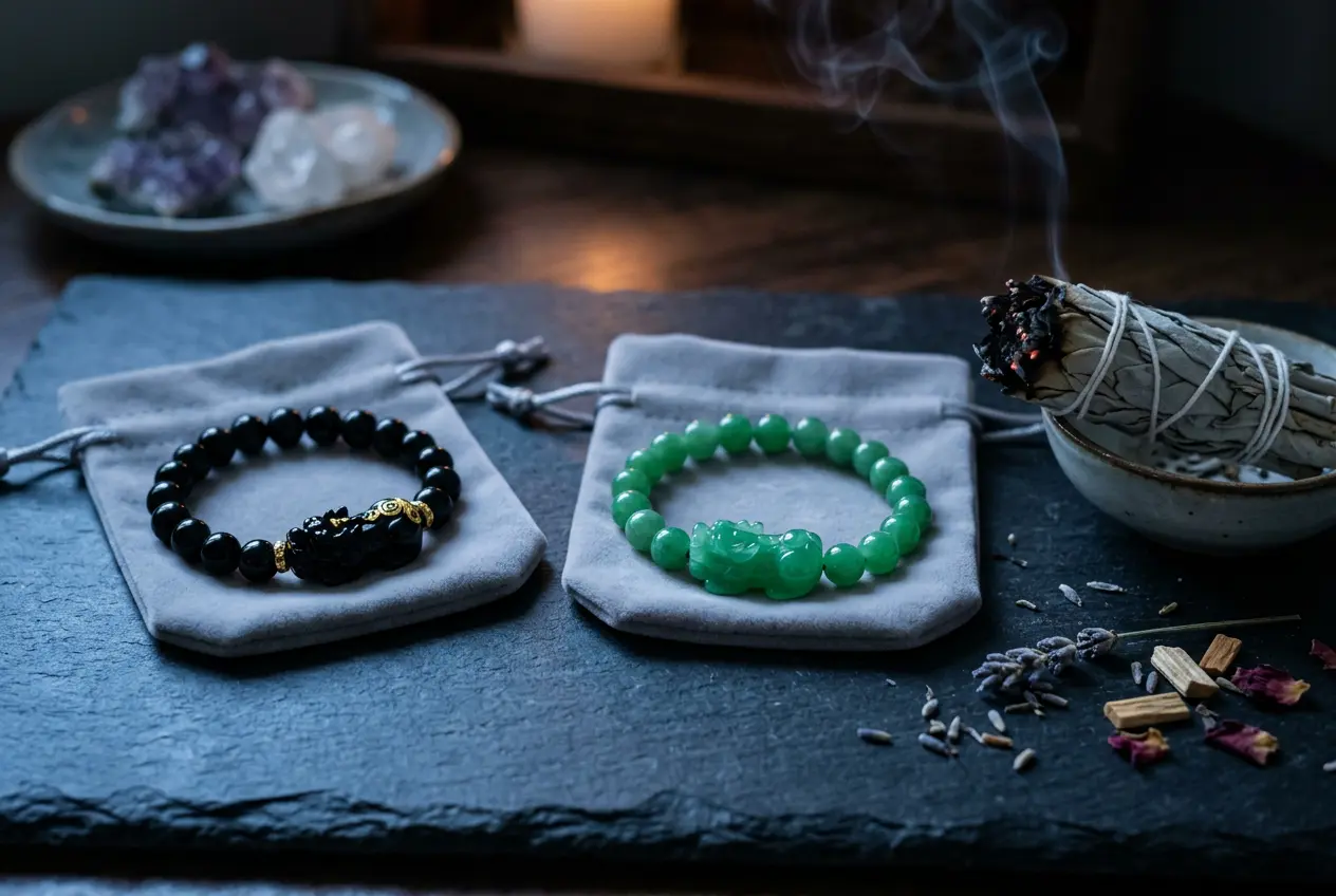 Black obsidian and green jade Pixiu bracelets on separate soft pouches with sage and moonlight for cleansing