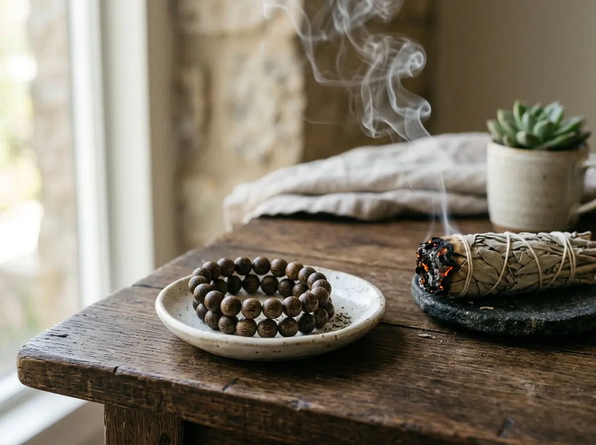 Agarwood bracelet being cleansed with white sage smoke on a ceramic dish