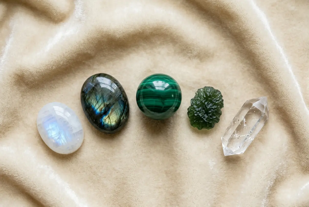 Moonstone, labradorite, malachite, moldavite, and clear quartz crystals for the 555 angel number