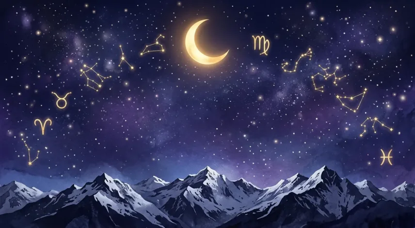 horoskop-na-prosinec-2026-konec-roku-astrologie Ilustrace horoskopu na prosinec 2026 s dvanácti souhvězdími zvěrokruhu nad tmavě indigovou zimní noční oblohou a zlatým půlměsícem