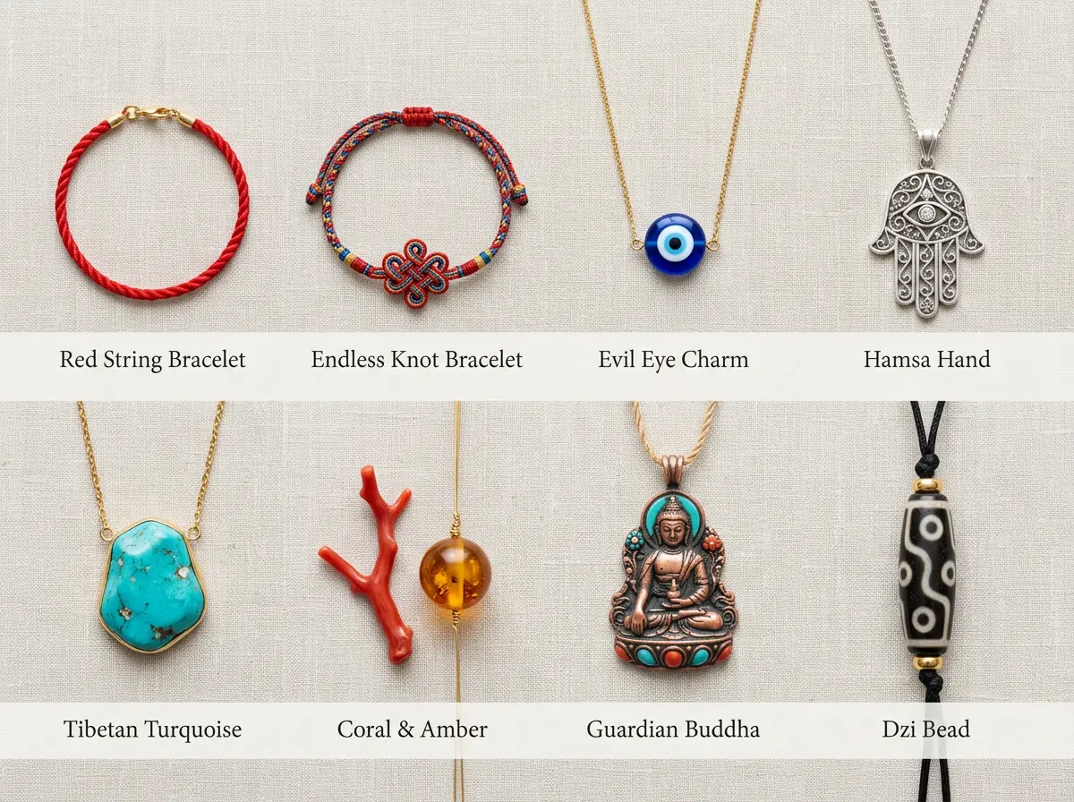 Eight protective baby gifts labeled: red string and knot bracelets, evil eye, Hamsa, turquoise, coral, amber, guardian pendant, and Dzi bead.