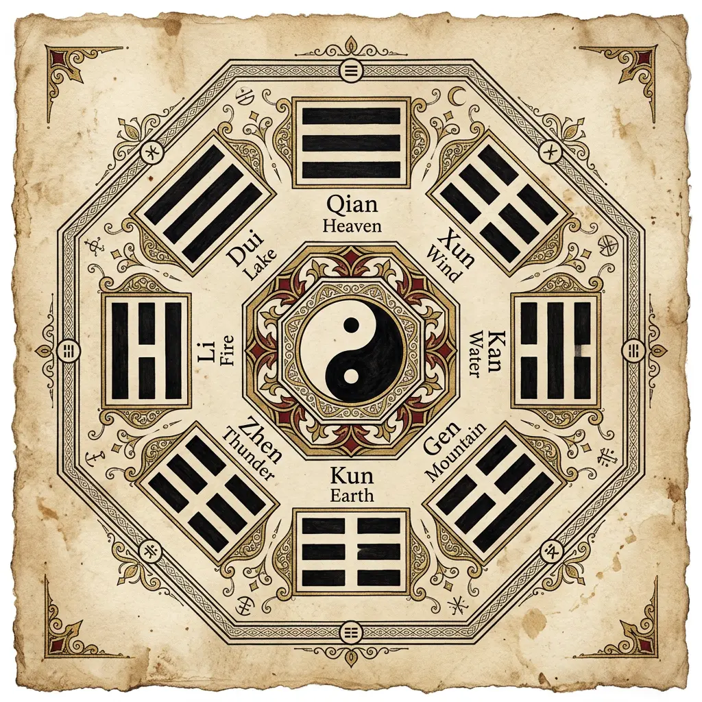 Reference chart of the eight I Ching trigrams (bagua): each three-line symbol with its name and natural image — Heaven, Earth, Thunder, Wind, Water, Fire, Mountain, Lake
