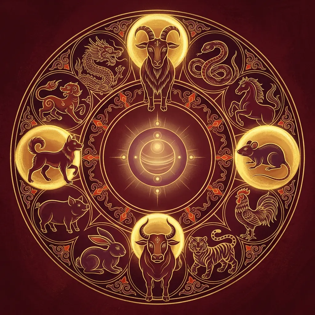 Circular Chinese zodiac wheel on deep red highlighting the Goat, Ox, Dog, and Rat as the four signs facing Tai Sui in 2027