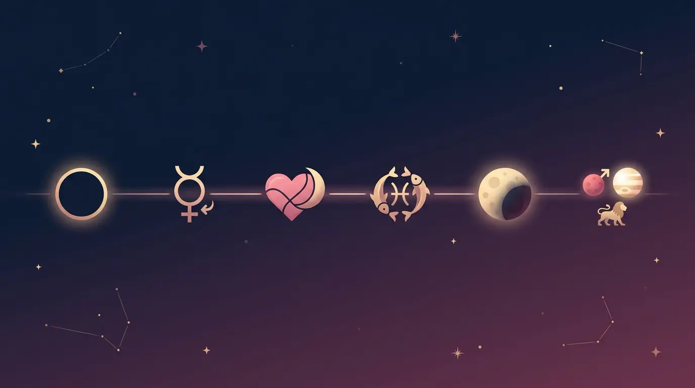 Infographic timeline of February 2027 key astrology dates including the February 6 solar eclipse, Mercury retrograde, and the Mars and Jupiter conjunction in Leo