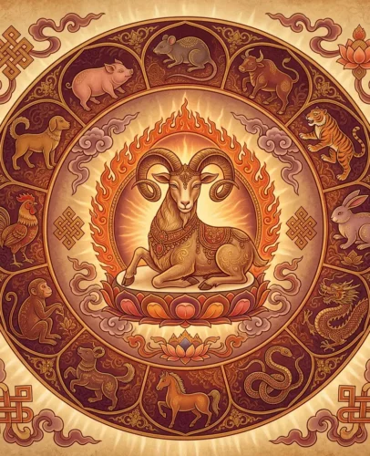 Illustrated Fire Goat encircled by the twelve Chinese zodiac animals in a Tibetan mandala for the February 2027 horoscope