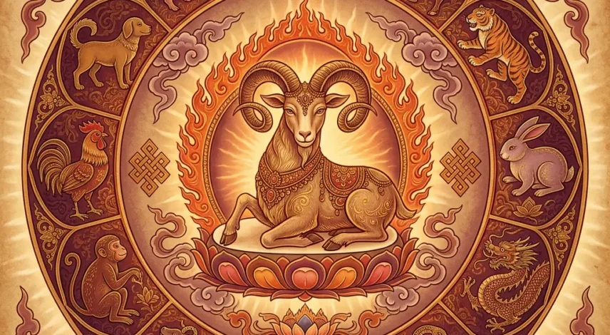 Illustrated Fire Goat encircled by the twelve Chinese zodiac animals in a Tibetan mandala for the February 2027 horoscope