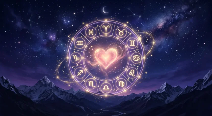 february-2027-horoscope-love-luck-zodiac-wheel Glowing celestial zodiac wheel with all twelve astrology signs and soft rose-pink and gold heart light for the February 2027 love and luck horoscope