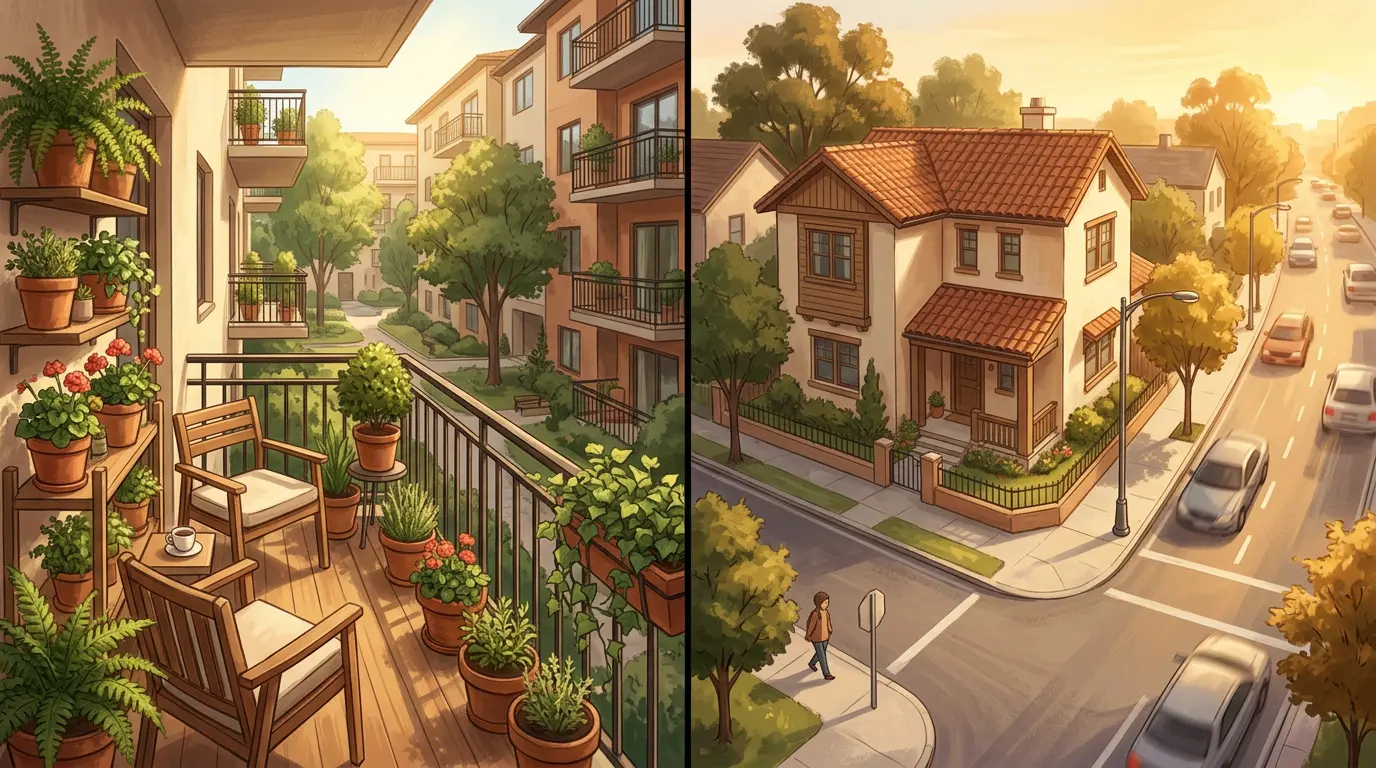 Apartment balcony and corner lot house illustrating how to find the feng shui facing direction for tricky layouts