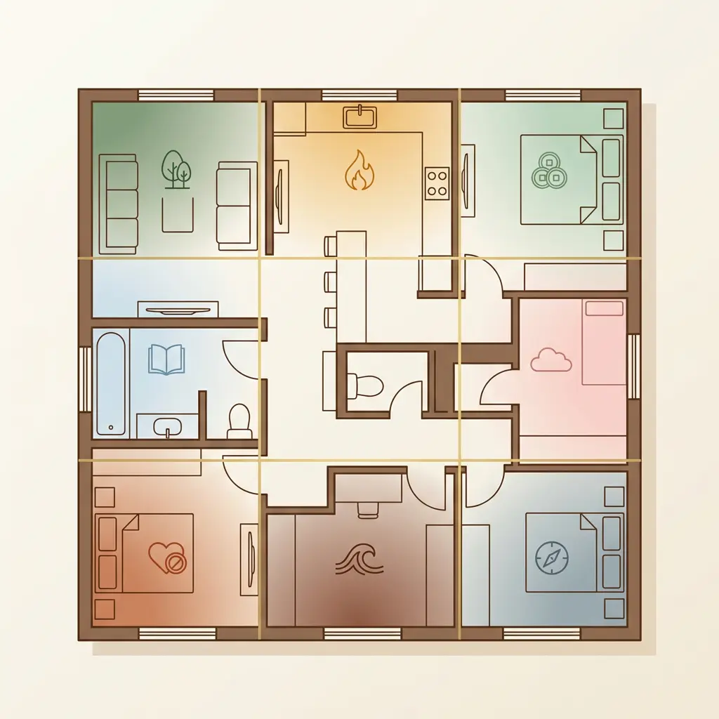 Bagua grid overlaid on a home floor plan showing feng shui wealth, fame, and career sectors