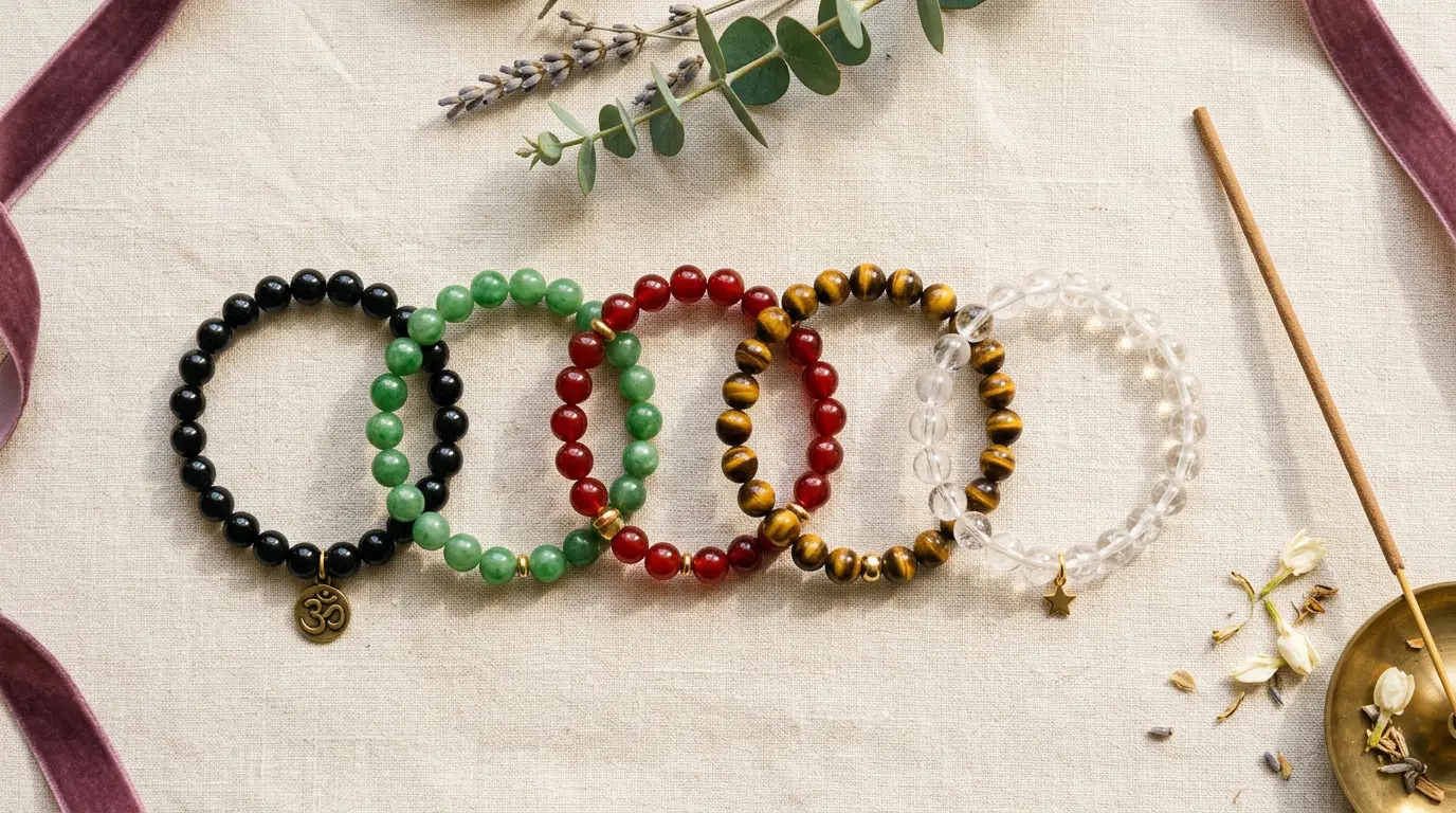 Five feng shui gemstone bracelets, one per element, matched to a favorable BaZi element: obsidian, jade, agate, tiger eye, quartz