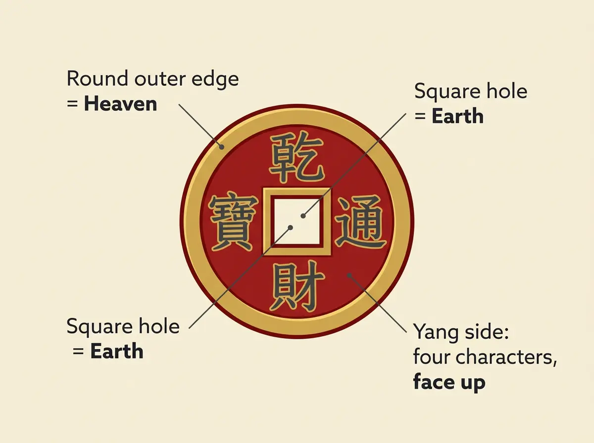 Labeled diagram of a feng shui coin showing the round edge as Heaven, the square hole as Earth, and the four-character Yang side facing up