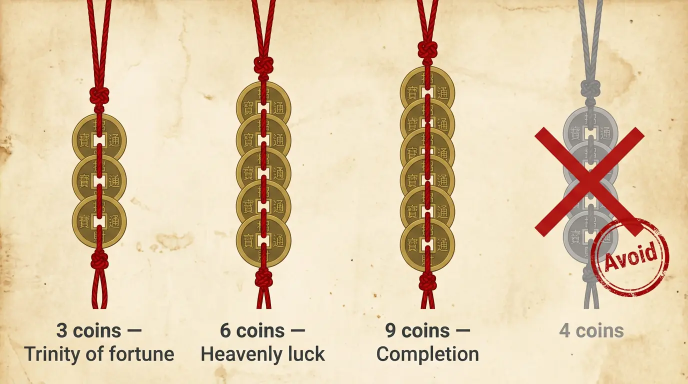 Infographic comparing 3, 6, and 9 feng shui coins on red string and their meanings, with 4 coins marked as avoided