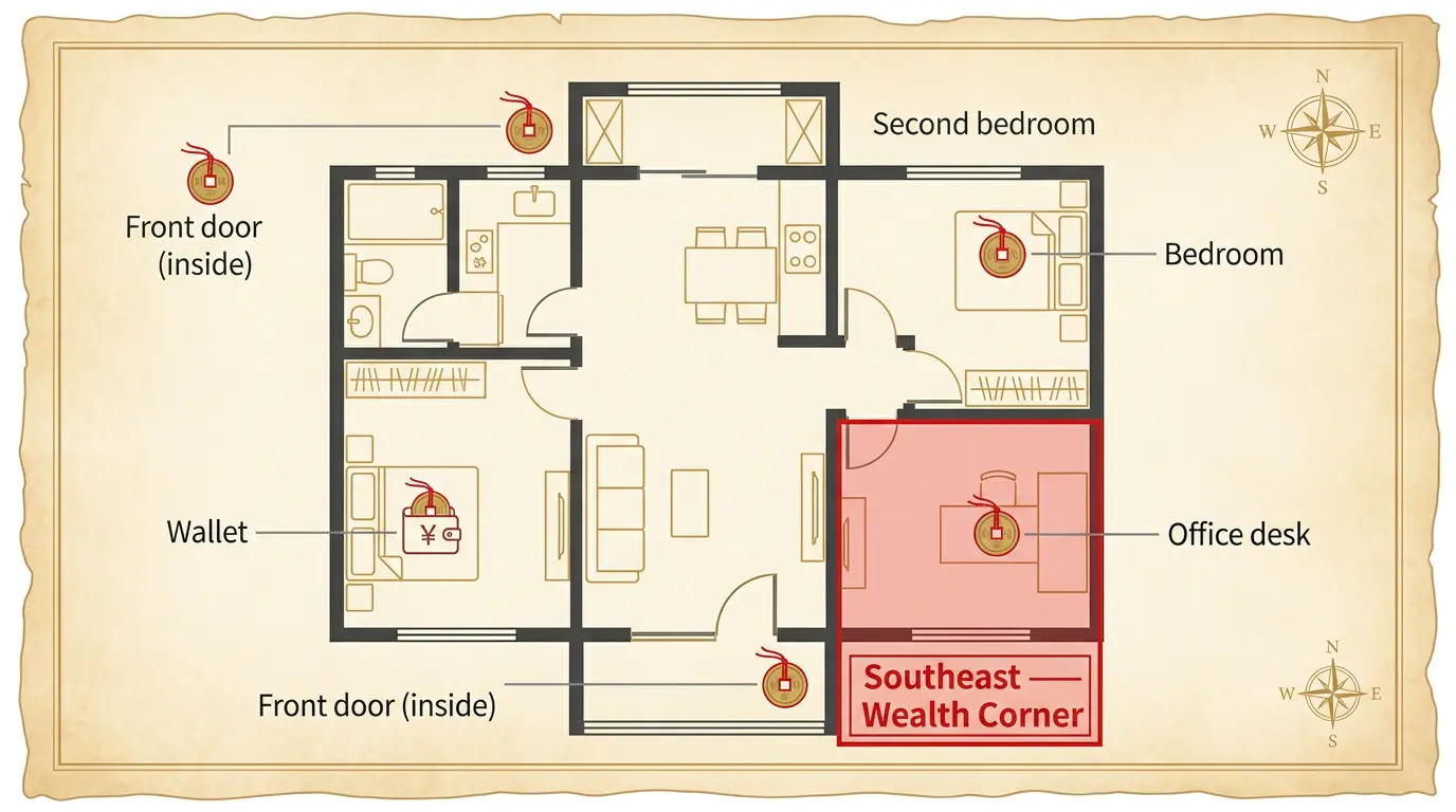 Overhead home floor plan showing feng shui coin placements including the highlighted southeast wealth corner, front door, and wallet